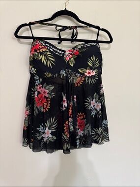 Kona Sol Black Floral Halter Swim Top - build in bra